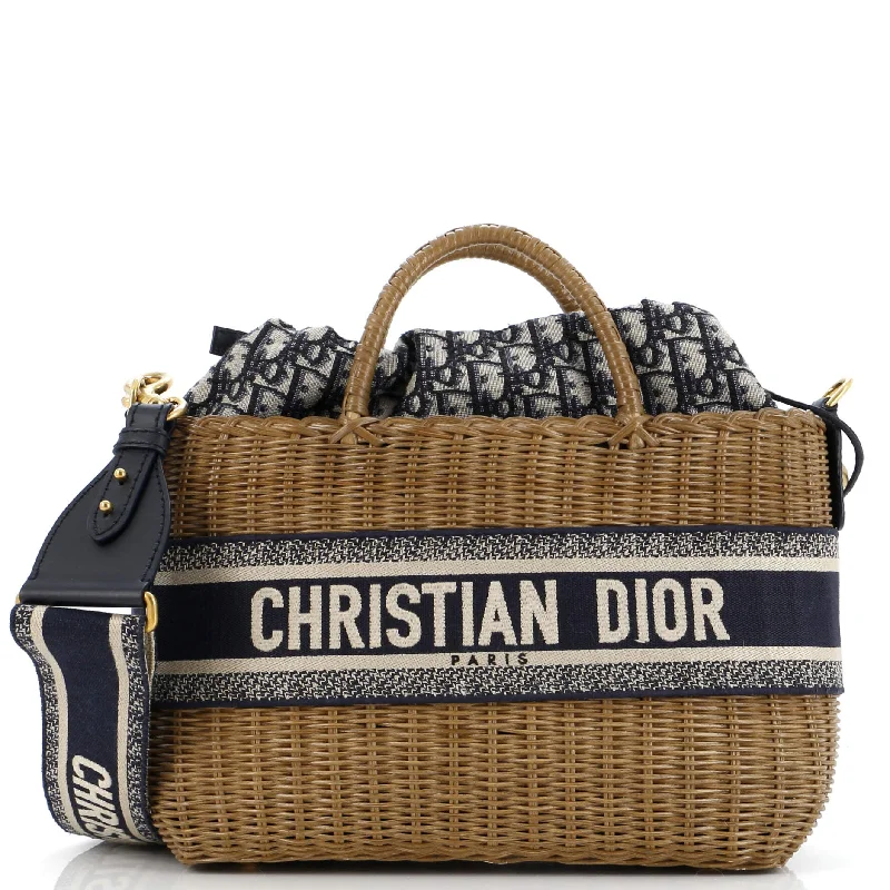 Basket Bag Wicker and Oblique Canvas Large