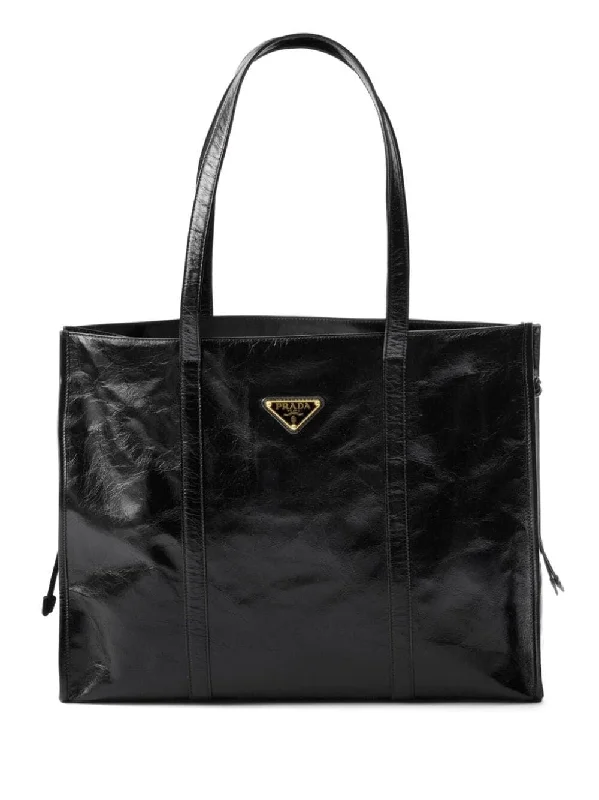 Prada Women Large Glossy Finish Leather Tote Bag