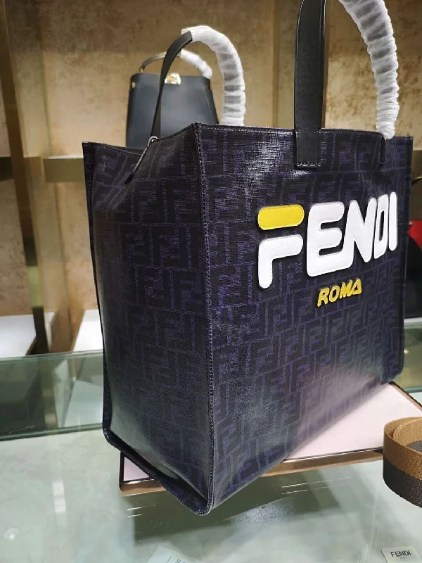 Fendi Black Glazed Fabric Shopper White Logo Bag