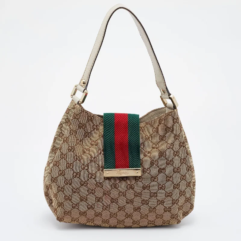 Gucci Beige/Brown GG Canvas And Leather Medium New Ladies Web Hobo