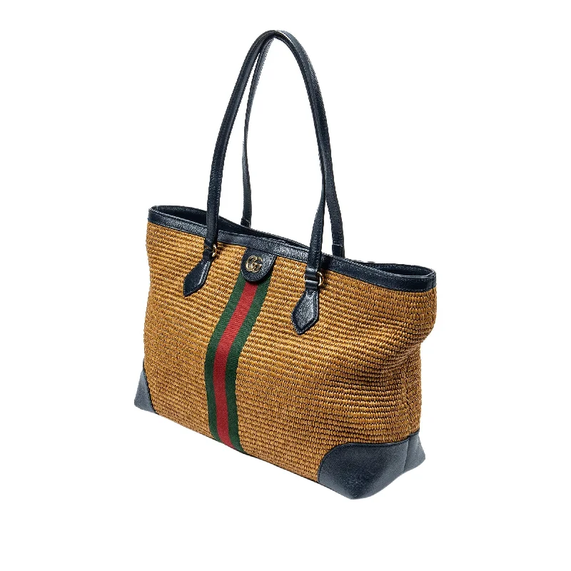 Gold Gucci Medium Raffia Ophidia Tote Bag