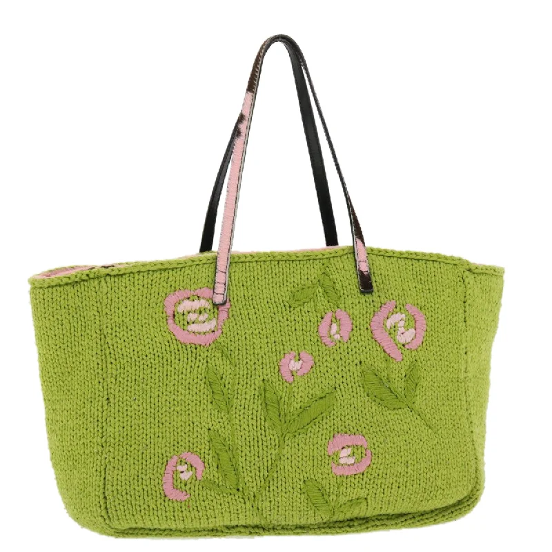 FENDI Floral Tote Bag Wool Harako Leather Green Pink  yk6518