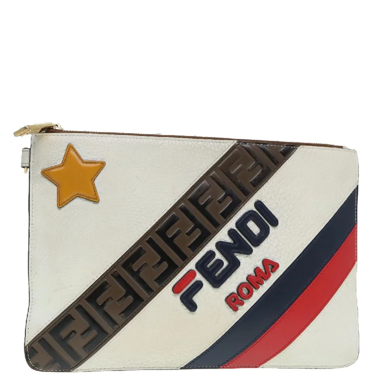 FENDI FILA Collaboration Clutch Bag Leather Beige Gold  87366