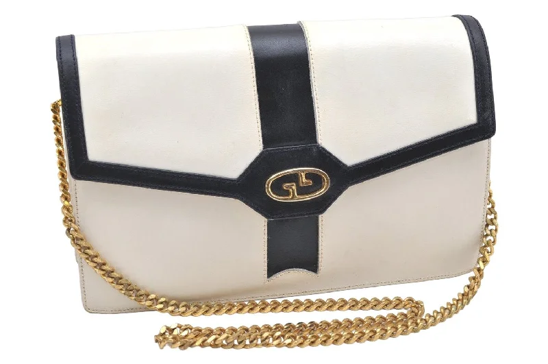 Authentic GUCCI Vintage Chain Shoulder Cross Body Bag Purse Leather White 7045K