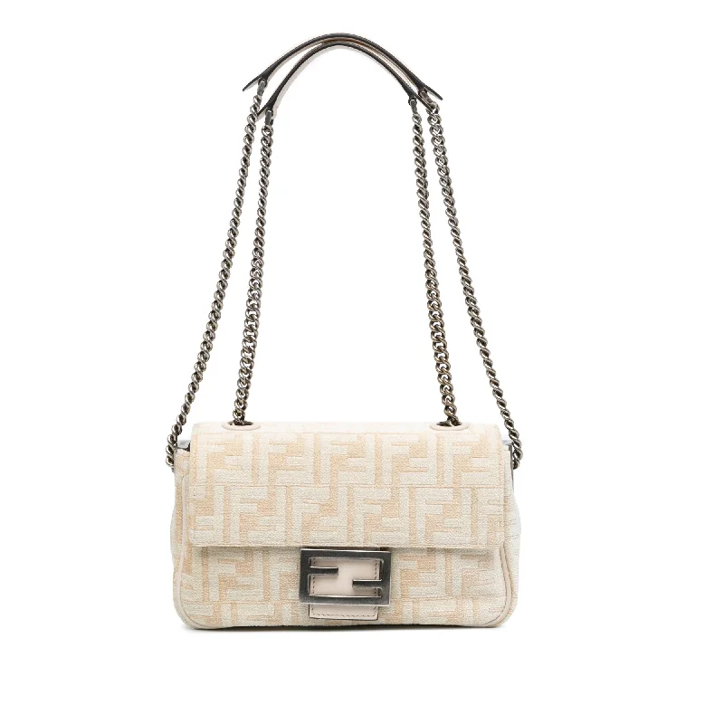 Cream Fendi Zucca Canvas Chain Midi Baguette Shoulder Bag