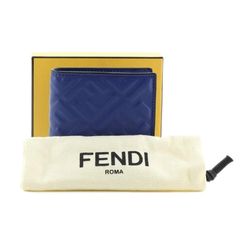 Fendi Blue Nappa Leather FF 1974 Embossed Billfold Wallet 7M0274