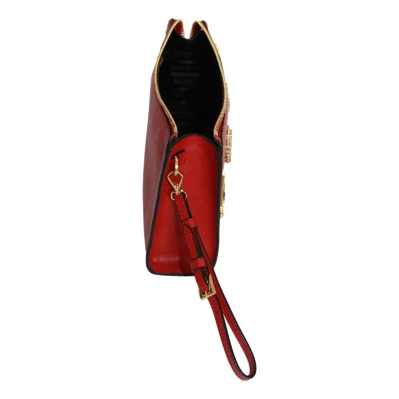 Prada Fuoco Red Saffiano Leather Gold Hearts Pouch Wristlet Bag 1NE007