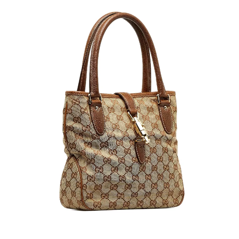 Tan Gucci GG Canvas Jackie Piston Lock Tote Bag