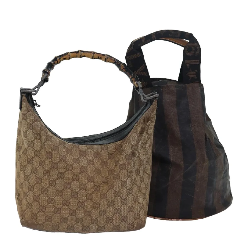 FENDI Gucci Bamboo GG Canvas Pecan Canvas Hand Bag 2Set Beige Black  ti1766