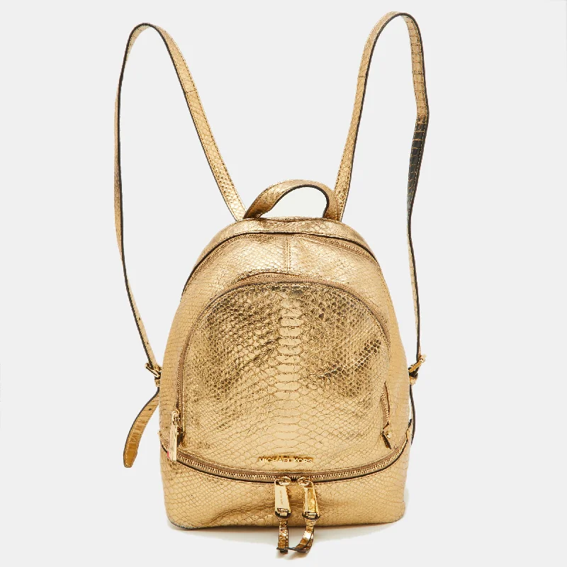 Metallic Gold Python Embossed Leather Small Rhea Backpack