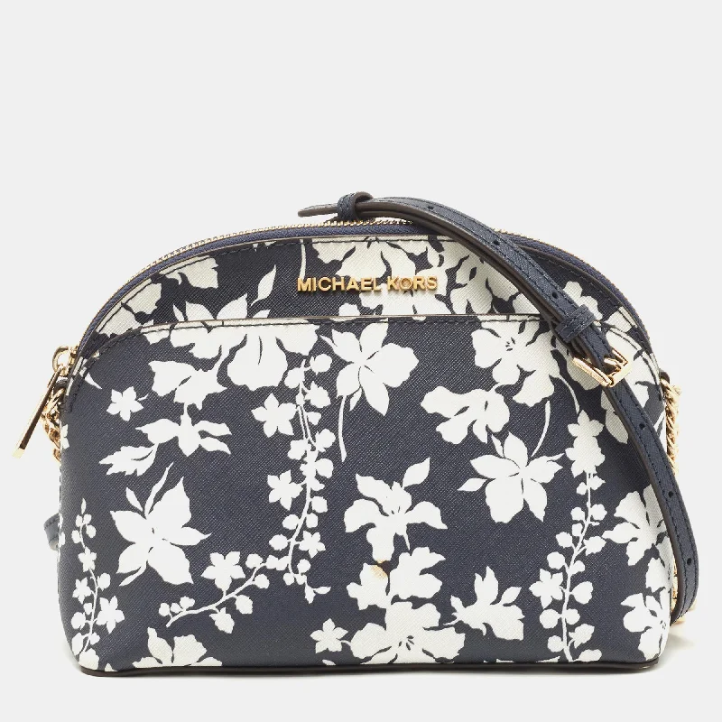 Navy Blue/White Leather Floral Dome Crossbody Bag