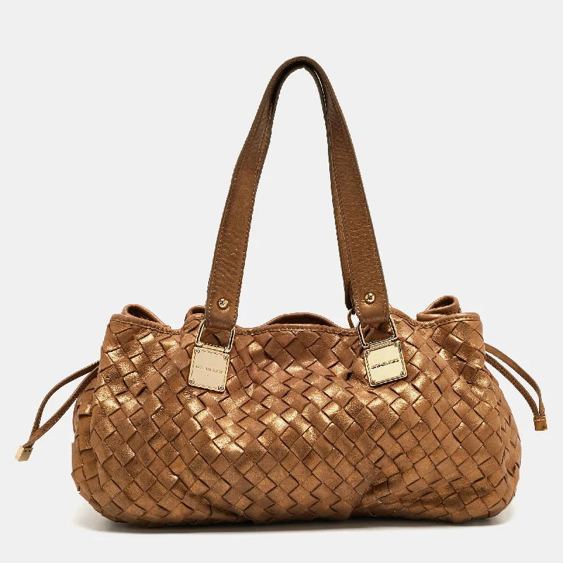 Gold Woven Leather Drawstring Tote