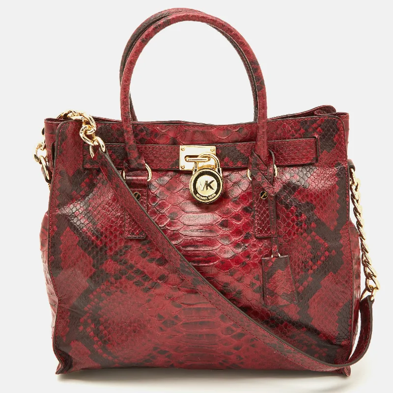 Red/Black Python Embossed Leather Large Hamilton North South Tote