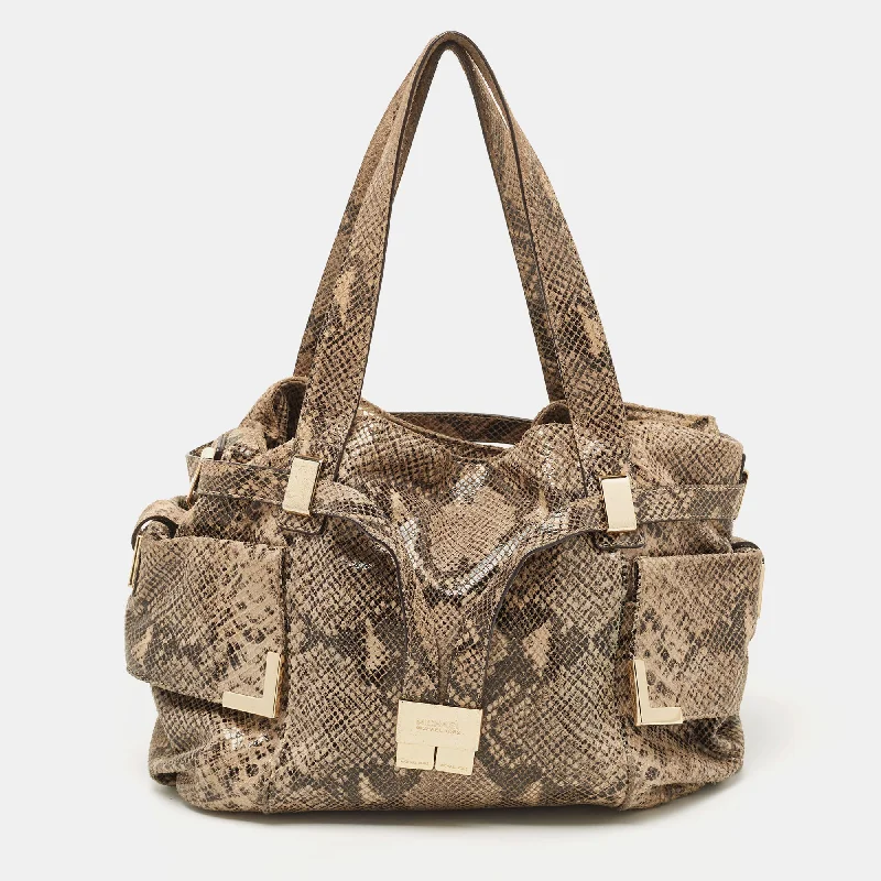 Beige/Black Python Effect Leather Satchel