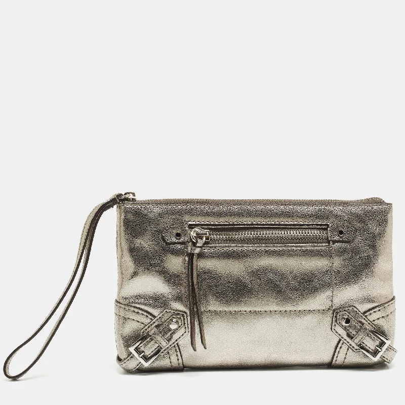 Metallic Grey Leather Fallon Wristlet Clutch