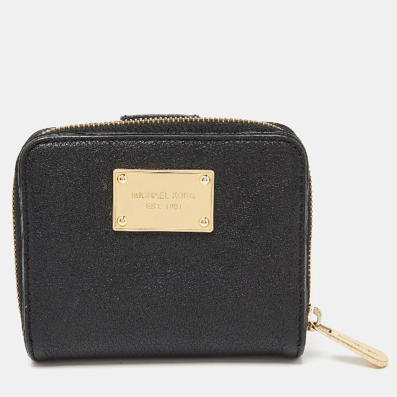 Black Leather Zip Around Wallet