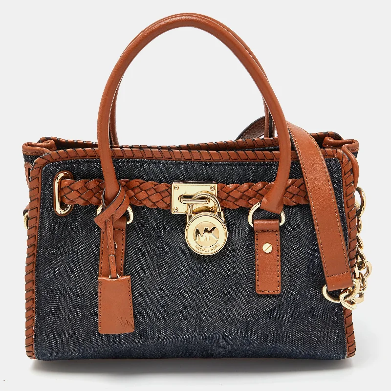 Blue/Tan Whipped Stitched Denim and Leather Hamilton Tote