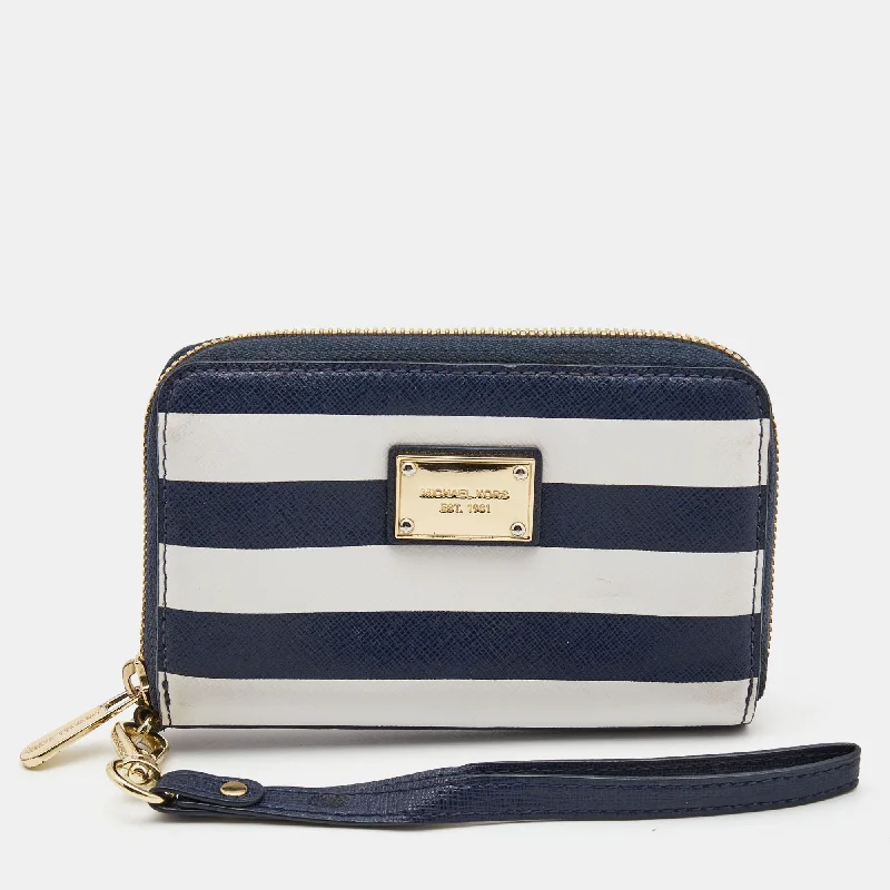 Blue/White Leather Striped Zip Around Wallet