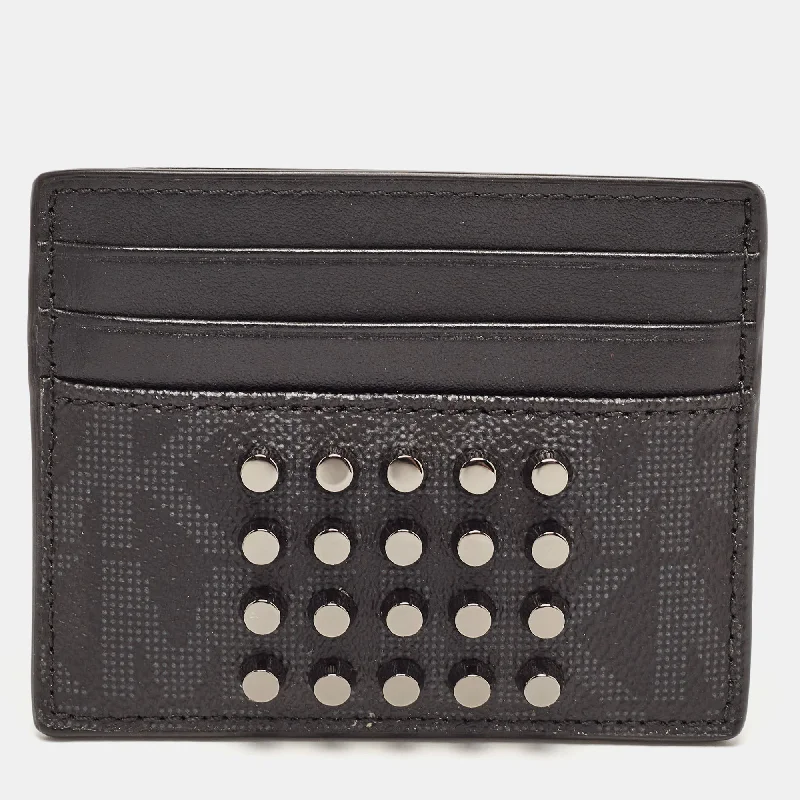 Black Signature Coated Canvas and Leather Studded Tall Card Case