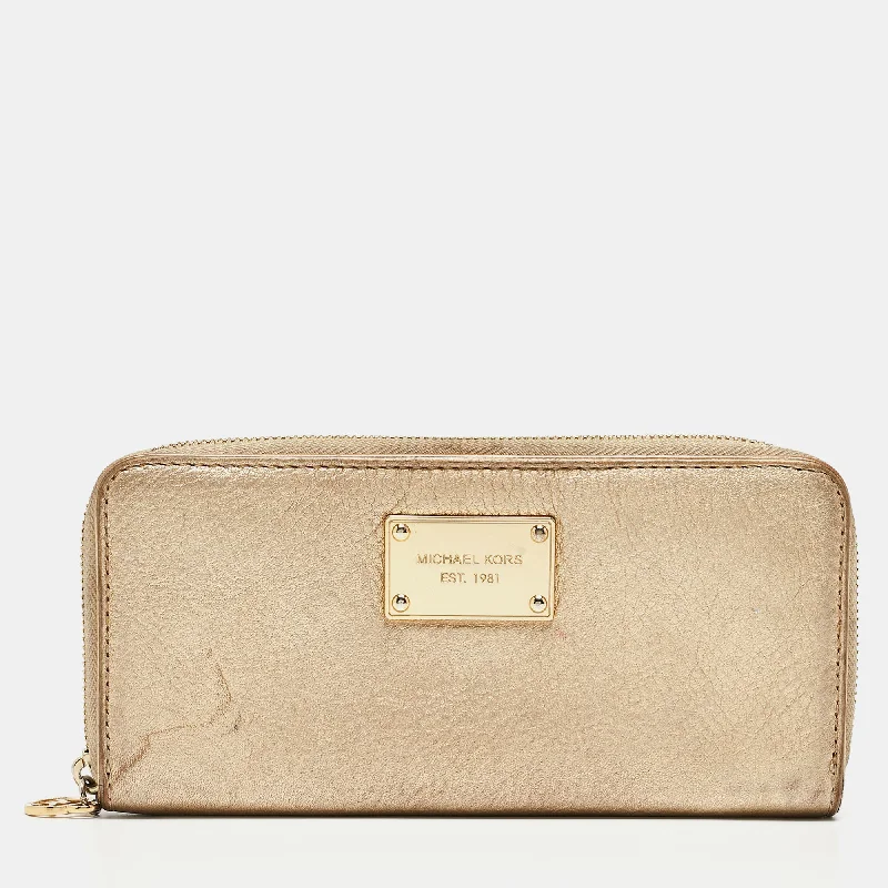 Gold Leather Jet Set Zip Around Continental Wallet