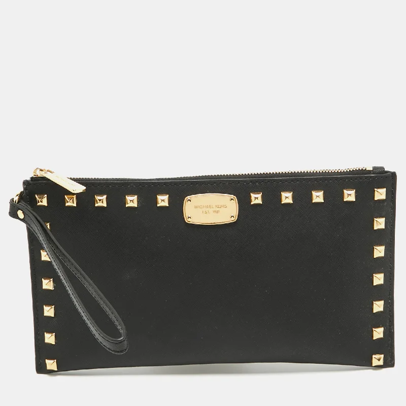 Black Leather Studded Logo Wristlet Pouch