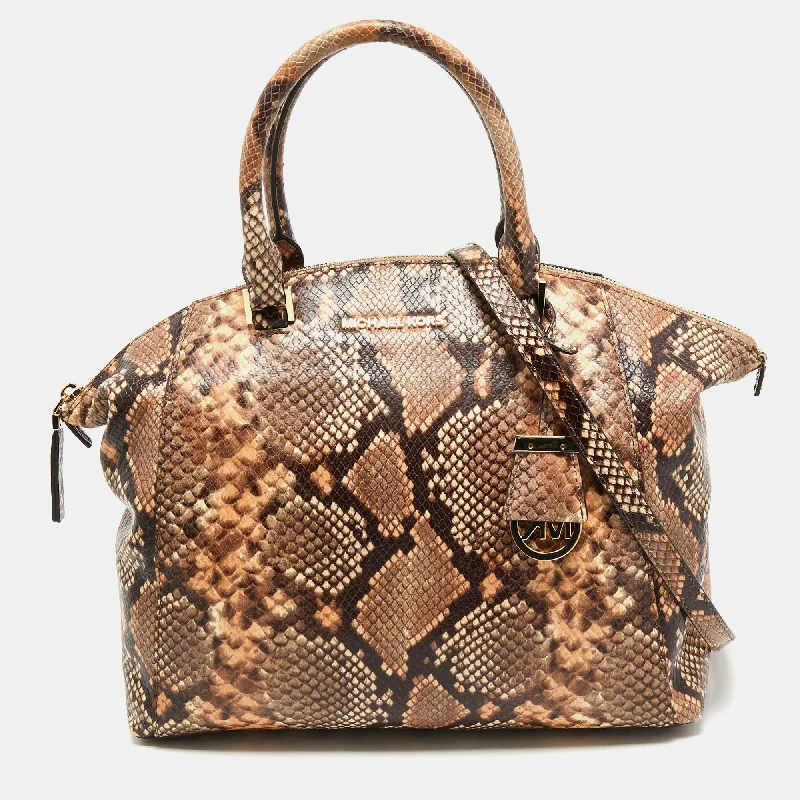 Beige/Brown Python Embossed Leather Satchel