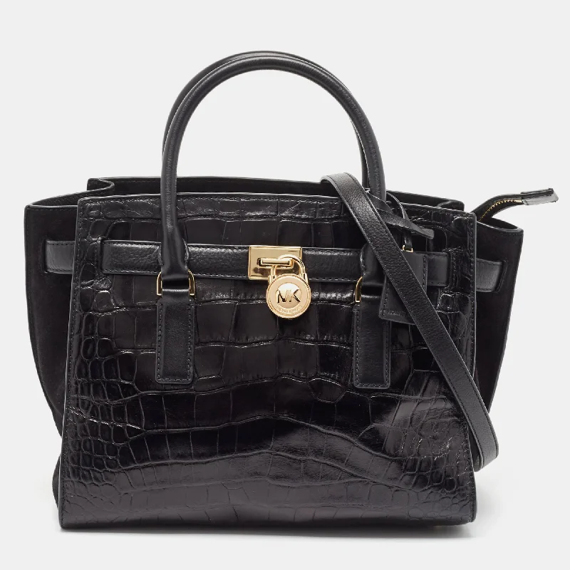 Black Croc Embossed Leather Hamilton Tote