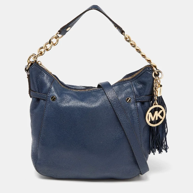 Dark Blue Leather Tassel Hobo