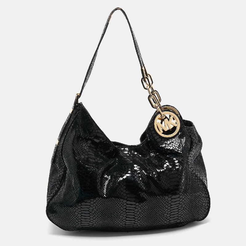 Black Snakeskin Embossed Leather Fulton Slouchy Hobo