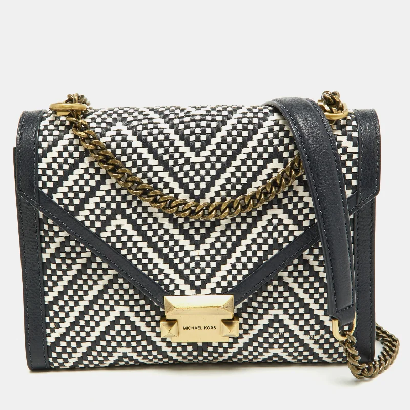 Navy Blue/White Woven Leather Whitney Shoulder Bag