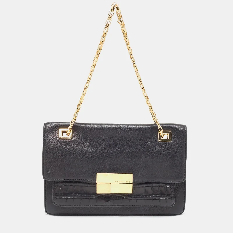 Black Leather and Croc Embossed Chain Shoulder Bag