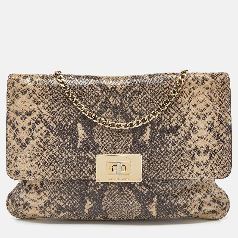 Beige Python Effect Leather Oversized Sloan Chain Clutch