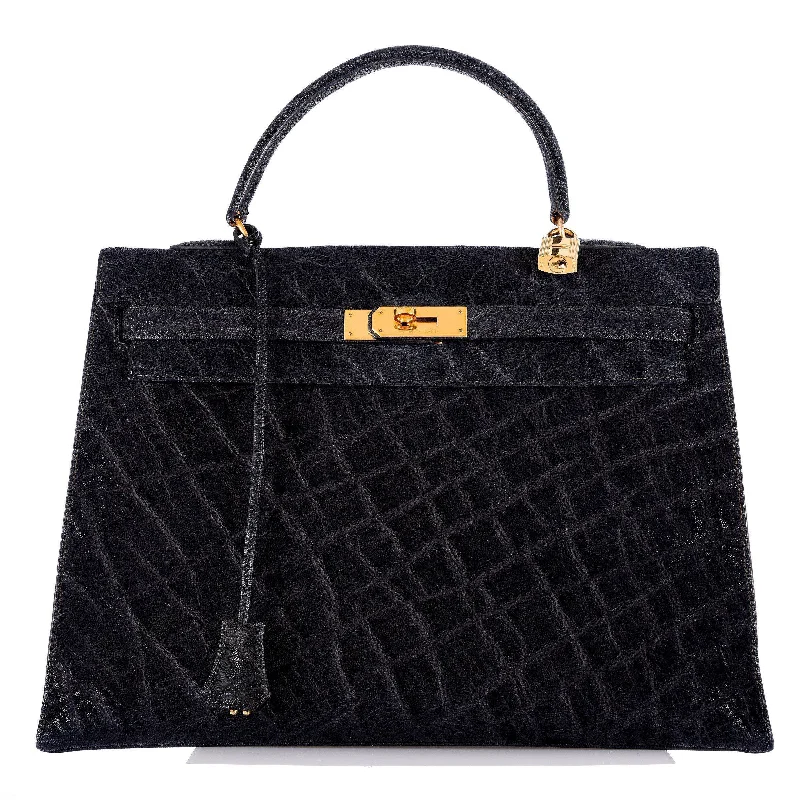 Hermès Kelly 35 Sellier Black Elephant Hide Gold Hardware