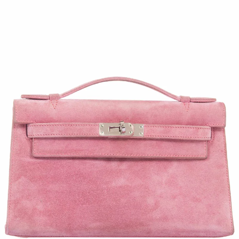 Hermès Kelly Pochette Pink Veau Doblis Suede with Palladium Hardware