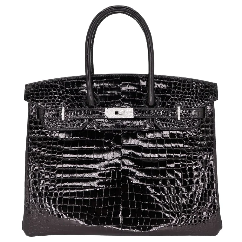 Hermès 35cm Birkin Black Shiny Porosus Crocodile White Gold Diamond Hardware