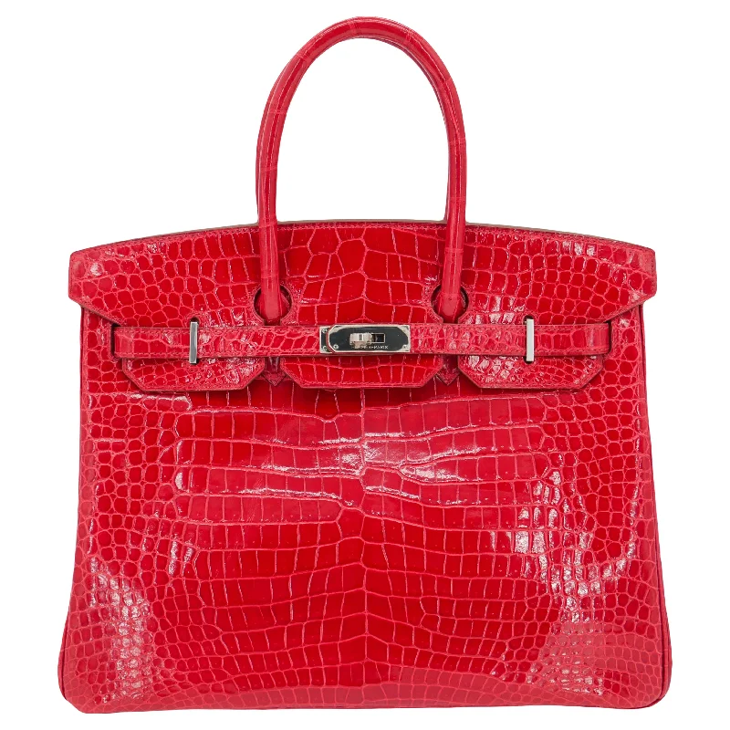 Hermès 35cm Birkin Braise Shiny Porosus Crocodile Palladium Hardware