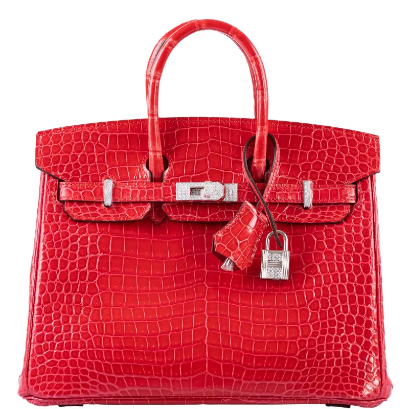 Hermès Birkin 25 Rouge de Coeur Shiny Porosus Crocodile 18K White Gold Hardware & Diamonds