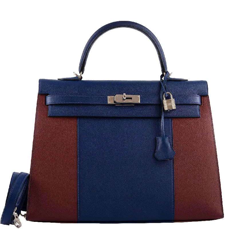 Hermès Flag Kelly 35 Sellier Blue Saphir & Rouge H Epsom Palladium Hardware - 2014, R Square