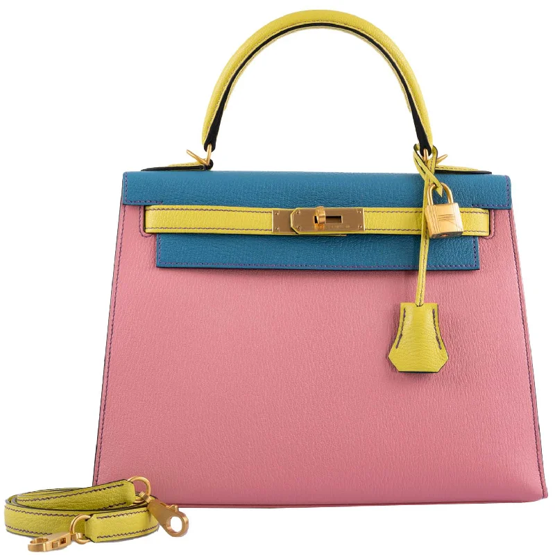 Hermès HSS Kelly 28 Sellier Tri-Color Rose Confetti, Lime & Blue Aztec Chevre with Brushed Gold Hardware - 2019, D