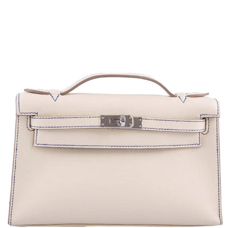 Hermès HSS Kelly Pochette Craie & Blue Electric Swift with Palladium Hardware - 2021, Z