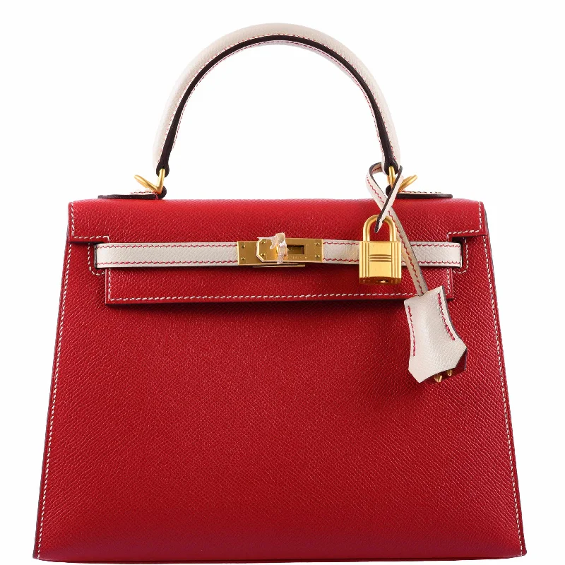 Hermès Kelly 25 Sellier HSS Bi-Color Rouge Casaque & Craie Epsom Brushed Gold Hardware - 2019, D