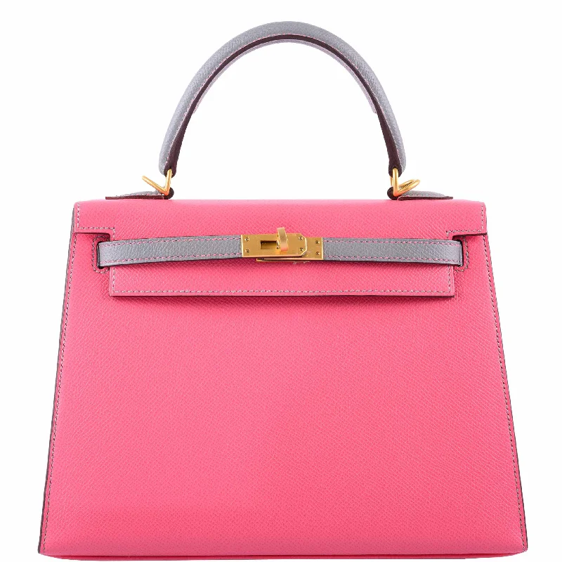 Hermès Kelly 25 Sellier HSS Bi-Color Roze Azalee & Gris Mouette Epsom Brushed Gold Hardware - 2019, D