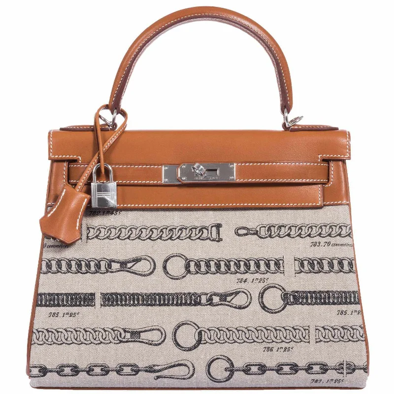 Hermès Kelly 28 De Camp Dechainee Toile And Fauve Barenia Palladium Hardware