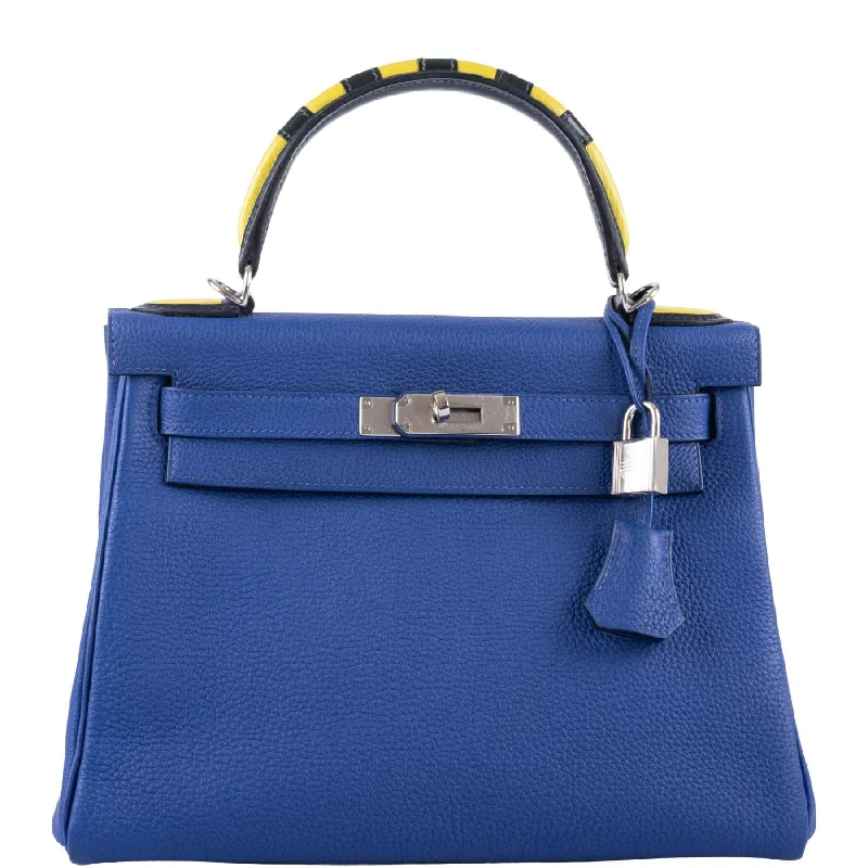 Hermès Kelly 28 Retourne Au Galop Blue Electric, Yellow and Black Togo Palladium Hardware