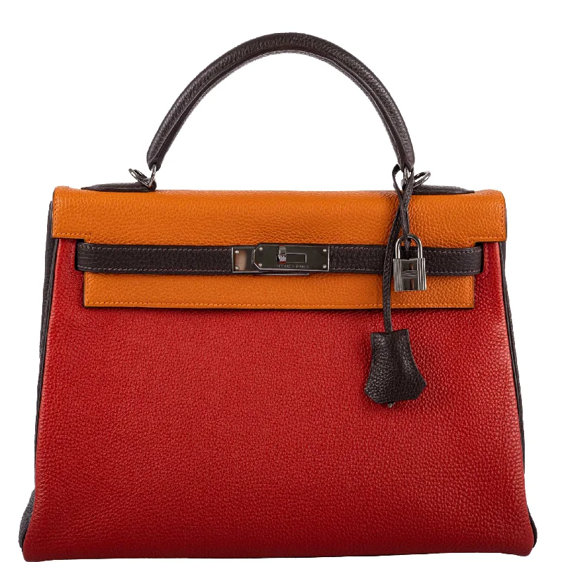 Hermès Kelly 32 Retourne Orange H, Rouge Vif & Ebene Togo with Ruthenium Hardware - 2006, J Square