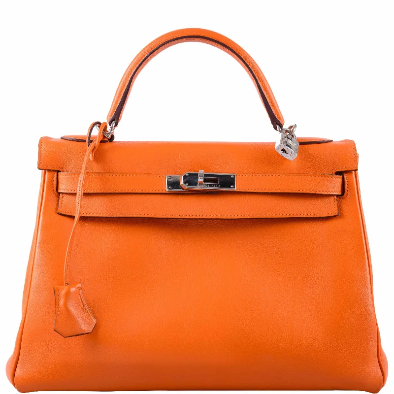 Hermès Kelly 32 Retourne Orange H Swift Palladium Hardware - 2005, I Square