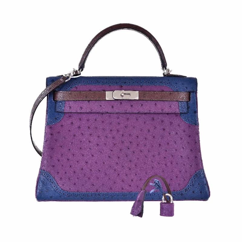 Hermès Kelly 32 Tri Color Ostrich Violine Blue De Malt And Marron Palladium Hardware