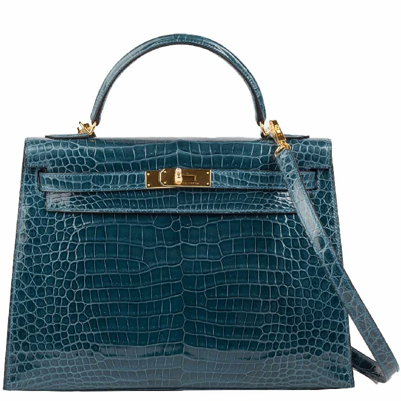 Hermès Kelly 32 Sellier Blue Roi Porosus Crocodile Gold hardware