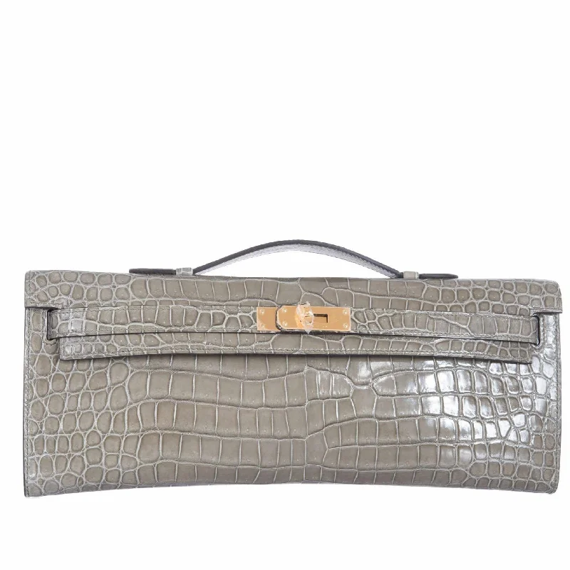 Hermès Kelly Cut Gris Tourterelle Porosus Crocodile Gold Hardware