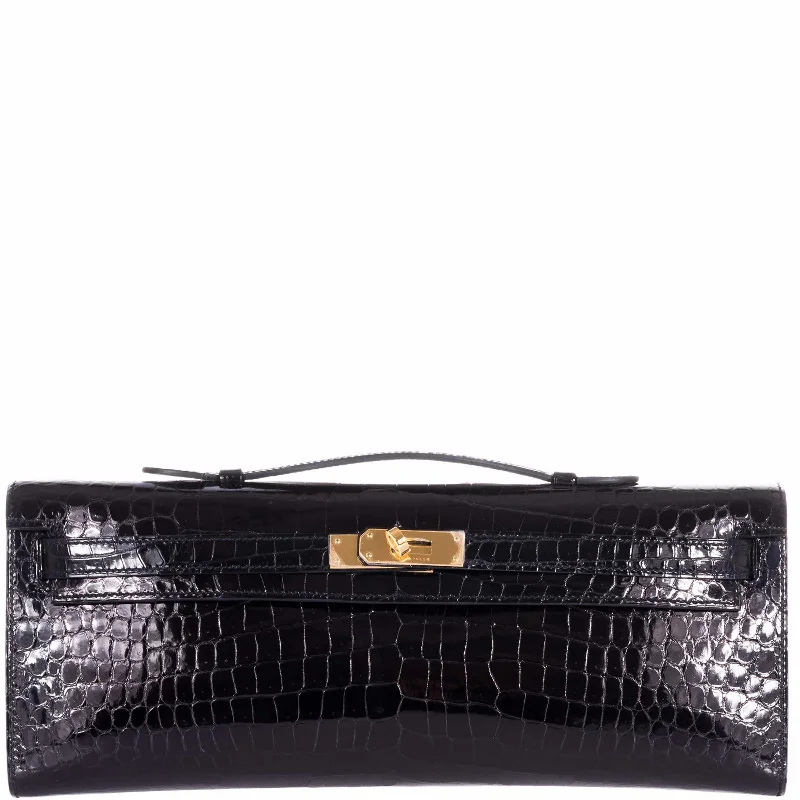 Hermès Kelly Cut Pochette Black Porosus Crocodile Gold Hardware